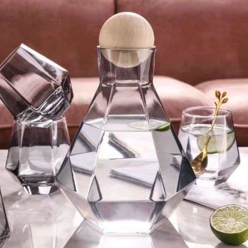5 Piece Diamond Hexagon Shape Whiskey, Water Carafe Set with Wood Ball Lid
