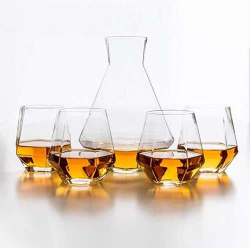 5 Piece Diamond Hexagon Shape Whiskey, Water Carafe Set with Wood Ball Lid