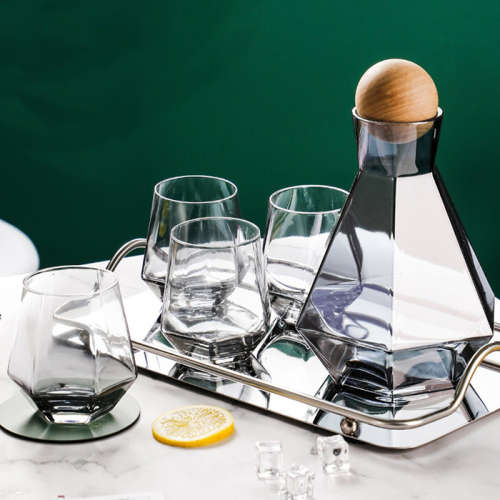 5 Piece Diamond Hexagon Shape Whiskey, Water Carafe Set with Wood Ball Lid