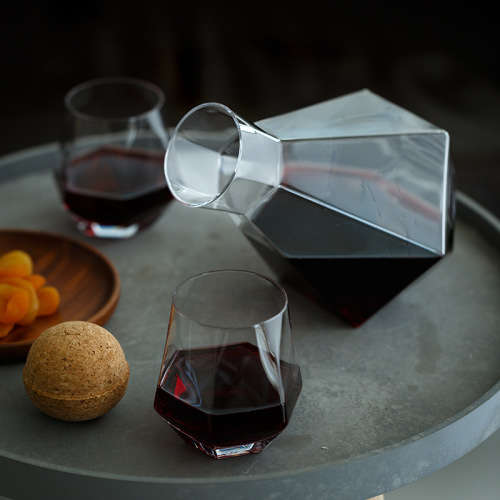 5 Piece Diamond Hexagon Shape Whiskey, Water Carafe Set with Wood Ball Lid