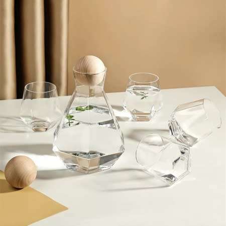 5 Piece Diamond Hexagon Shape Whiskey, Water Carafe Set with Wood Ball Lid