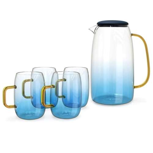 5 Piece Borosilicate Glass Pitcher with Lid and Drinking Cups Set