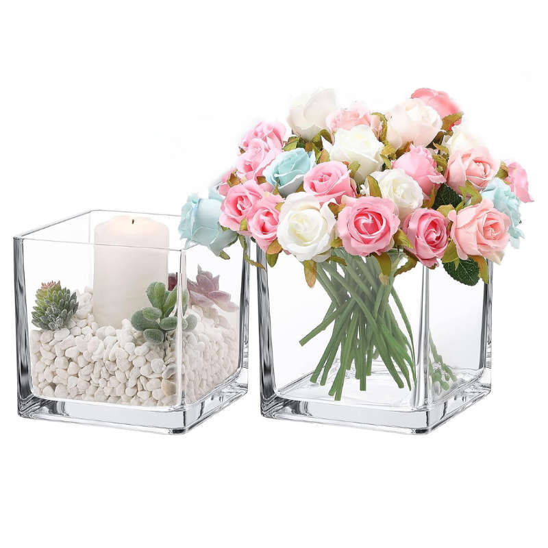 Set of 3 Clear Square Glass Vase Centerpiece for Home or Wedding, Candle Holder, Etc