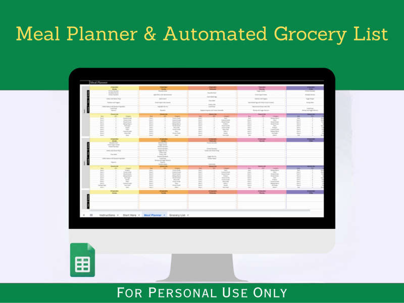 Monthly Meal Planner & Automated Grocery List w Instruction and Setup Tabs - 5 Weeks - Google Sheets