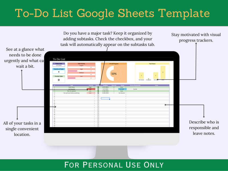 Google Sheets Template - To-Do List with Subtasks and Instruction Tab