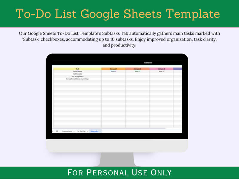 Google Sheets Template - To-Do List with Subtasks and Instruction Tab