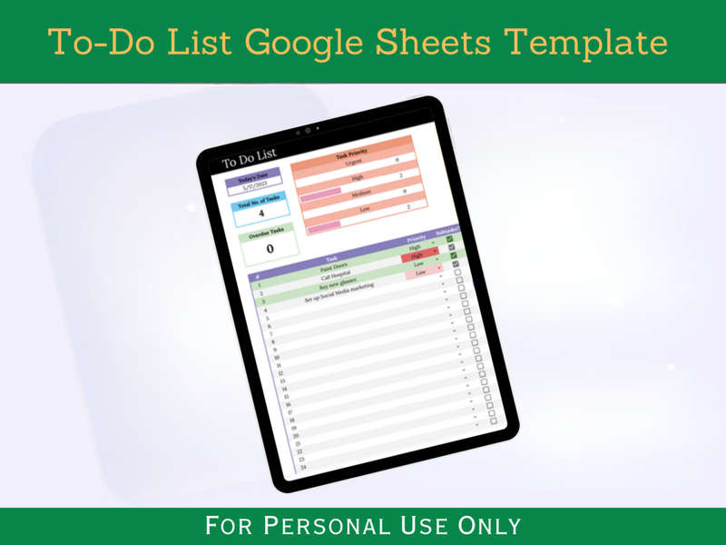 Google Sheets Template - To-Do List with Subtasks and Instruction Tab