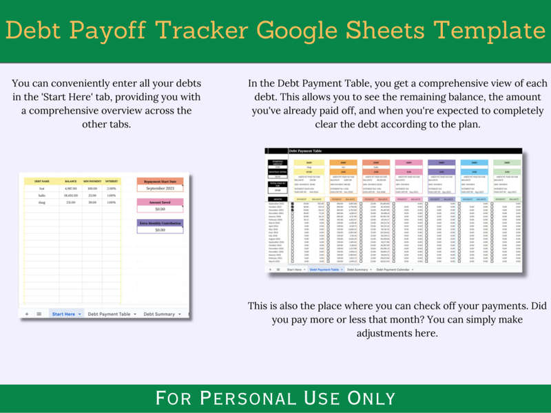Debt Payoff Calculator with Instruction and Transaction Tabs - Google Sheets Template