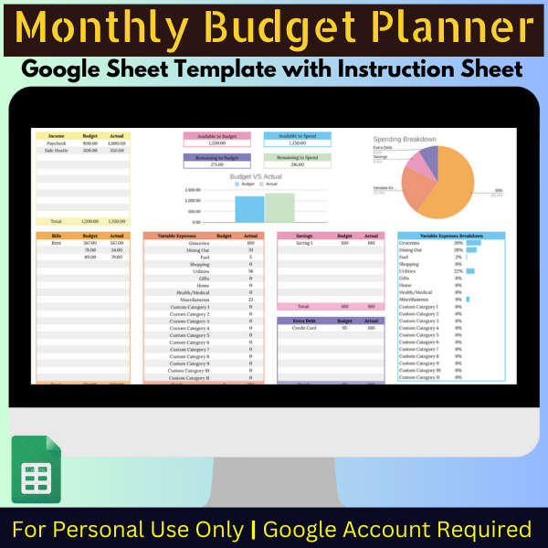 Google Sheets Template - Monthly Budget Planner with Instruction and Transaction Tabs