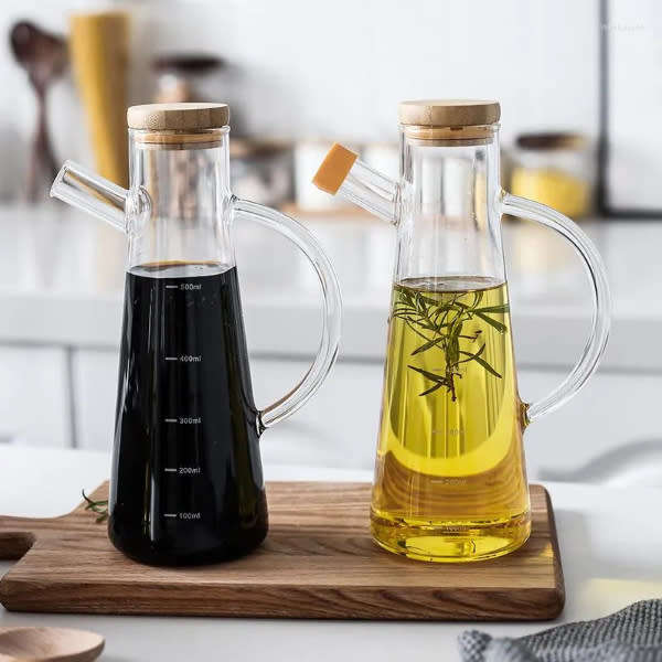 500ml Clear Borosilicate Glass Oil Dispenser Bottle with Bamboo Lid