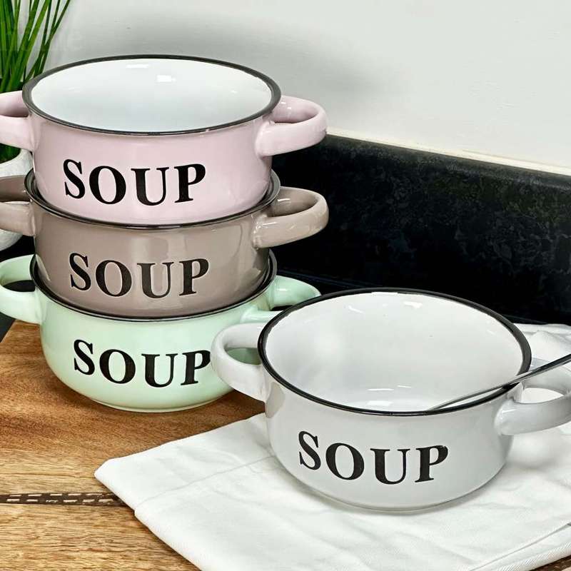 Set of 4 Round Assorted Porcelain Word Printed Soup Bowl with Handles (Supplied at Random)