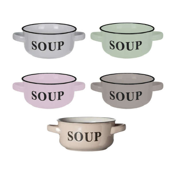Set of 4 Round Assorted Porcelain Word Printed Soup Bowl with Handles (Supplied at Random)