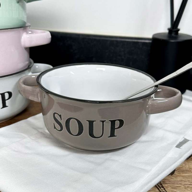 Set of 4 Round Assorted Porcelain Word Printed Soup Bowl with Handles (Supplied at Random)