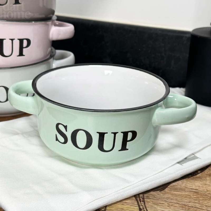 Set of 4 Round Assorted Porcelain Word Printed Soup Bowl with Handles (Supplied at Random)
