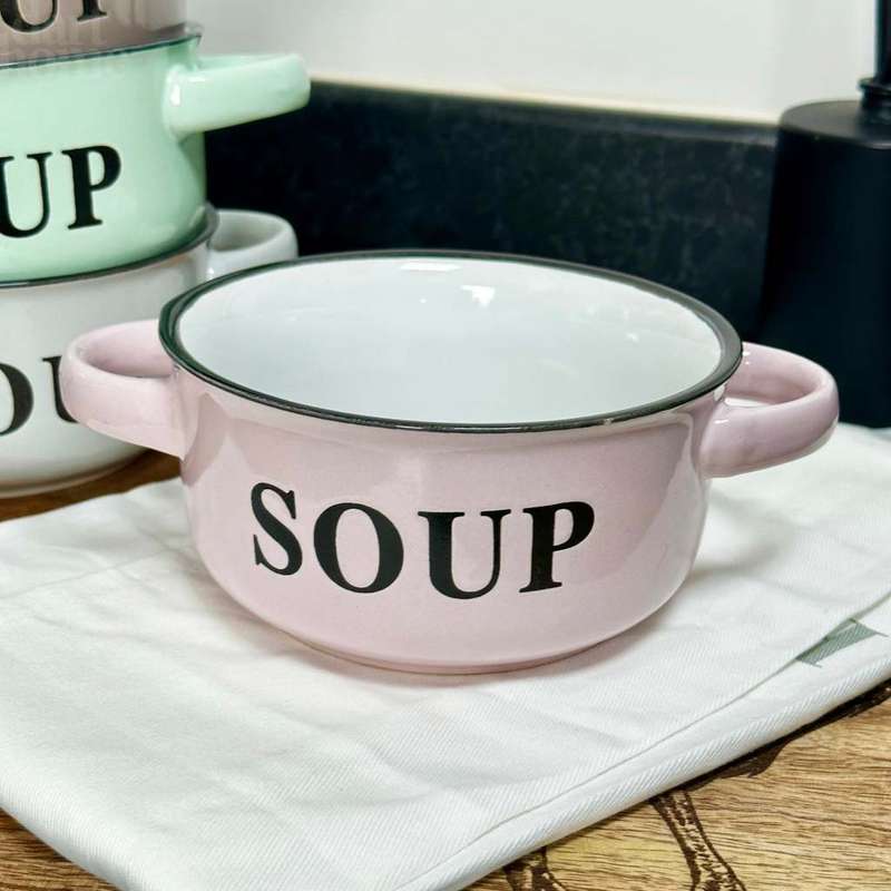 Set of 4 Round Assorted Porcelain Word Printed Soup Bowl with Handles (Supplied at Random)