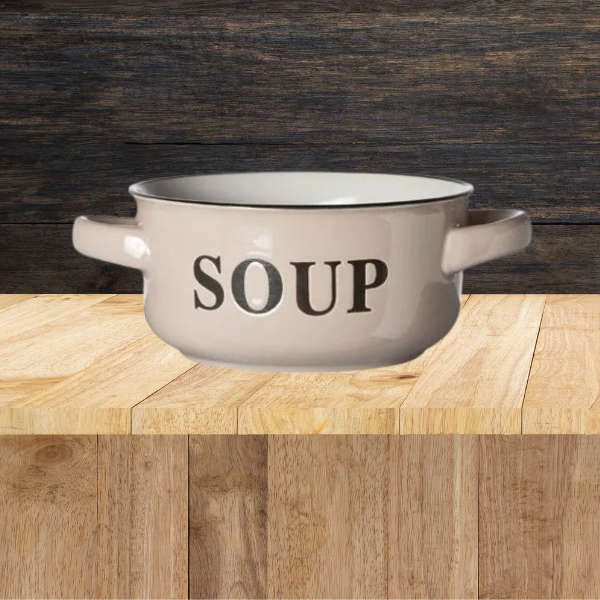 Set of 4 Round Assorted Porcelain Word Printed Soup Bowl with Handles (Supplied at Random)