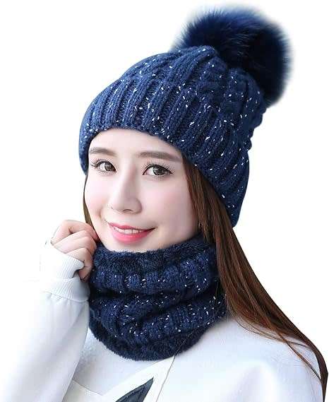 Set of Soft and Warm Woollen Pompom Beanie Cap with Neck Warmer (Random Colour Supplied)