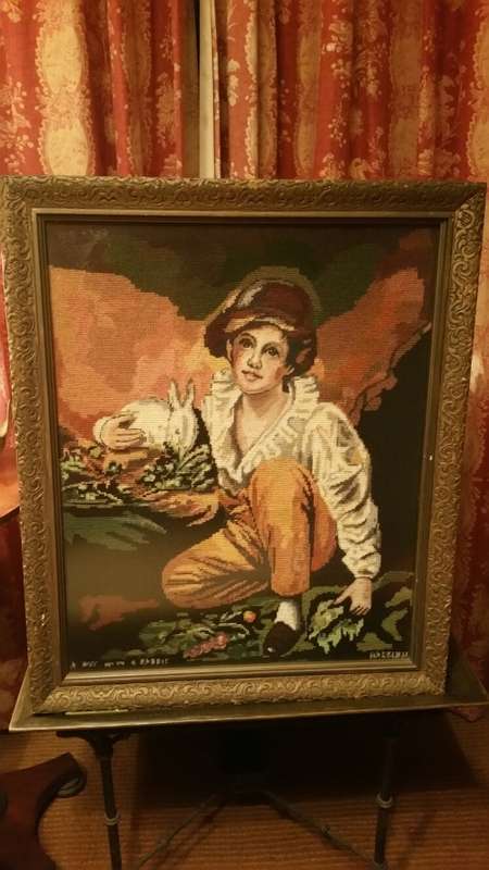 A Stunning Framed Tapestry of a Boy and a Rabbit with Petit Point Detail