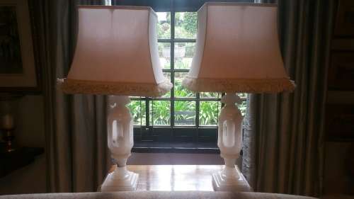 A Stunning Pair of  White Alabaster Table Lamps and Shades