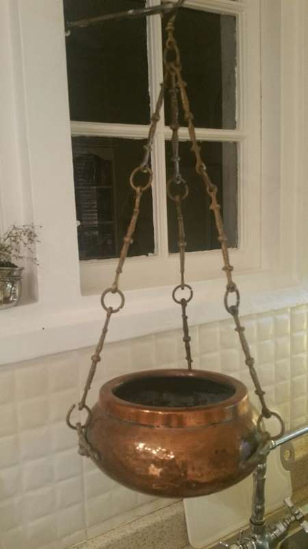 A Vintage Copper and Brass Hanging Plant Holder: Monkey Face Brass Detail