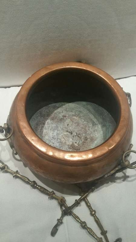 A Vintage Copper and Brass Hanging Plant Holder: Monkey Face Brass Detail