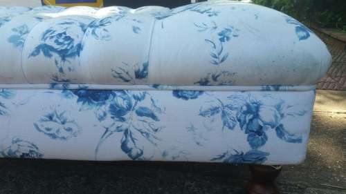 Gorgeous! A Double Seater Ottoman with Deep Pressed Buttons Upholstered in a fabric Blue/White Roses