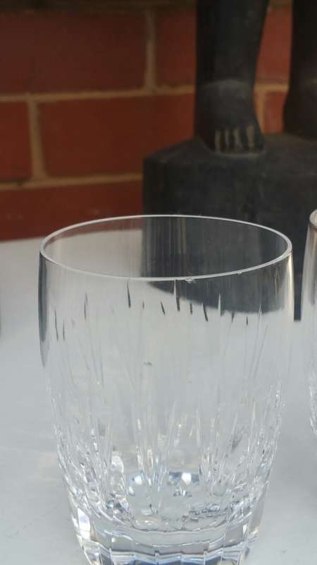 Stuart Crystal: 4 Water Tumbles Glasses Madison Pattern. 1 with minute chip to rim