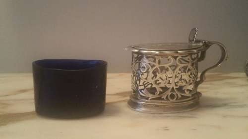 A Stunning Adkin Bros Silver Mustard pot with Blue Glass Liner. Sheffield 1903