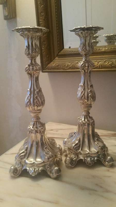 A Magnificent Pair of Israeli Hazorfim 9.25 Silver Candle Sticks Judaica