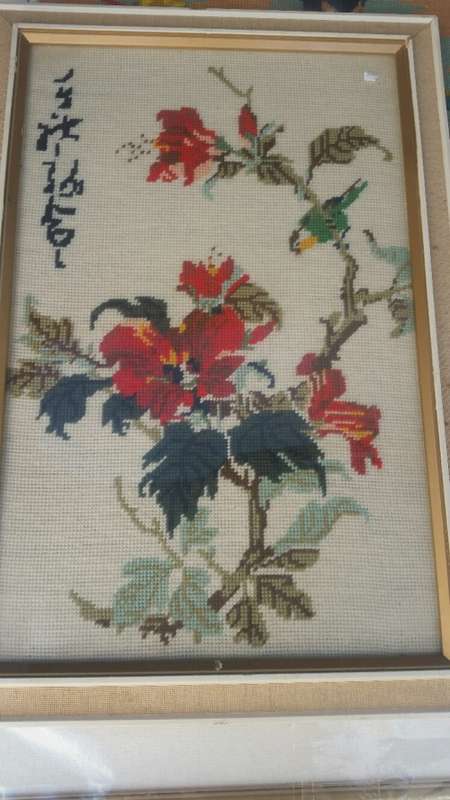 RESERVED FOR DANE A Framed Tapestry Oriental Flowers and Bird