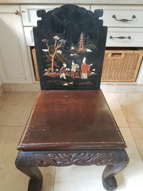 RESERVED FOR SHRISTI Carved Wooden Mother of Pearl inlaid Chinese Chair