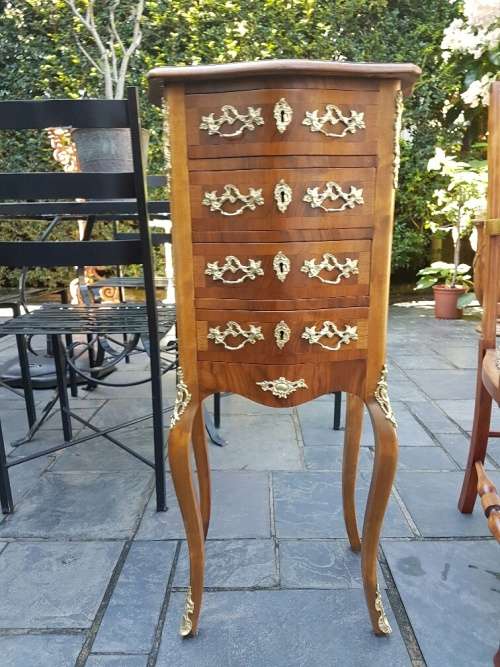 Stunner! Dainty French Walnut Pedestal With 4 Drawers and Brass Details