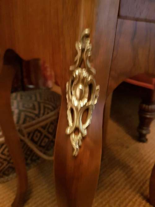 Stunner! Dainty French Walnut Pedestal With 4 Drawers and Brass Details