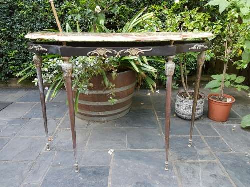 A French Style Onyx Top Metal Demi Lune Table with Brass Detail