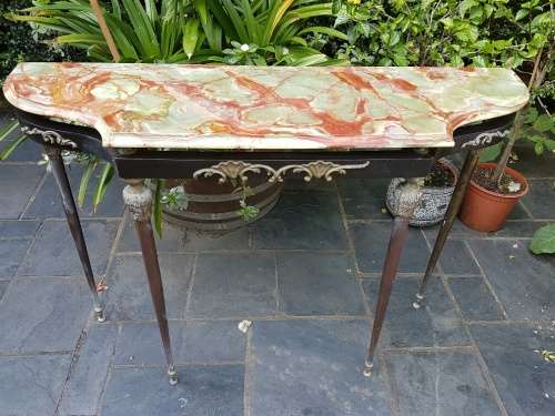 A French Style Onyx Top Metal Demi Lune Table with Brass Detail