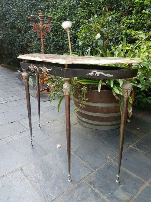 A French Style Onyx Top Metal Demi Lune Table with Brass Detail