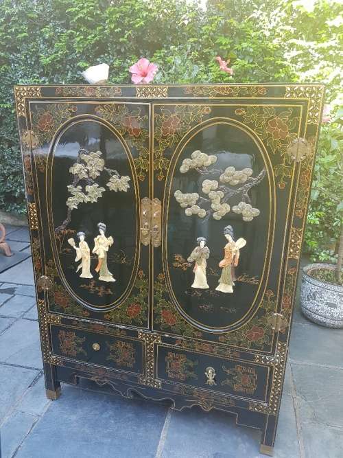 RESERVED FRO SHRISTI Chinese Lacquer and Hard Stone & Mother of Pearl Inlay Cabinet