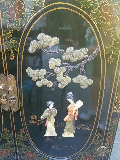 RESERVED FRO SHRISTI Chinese Lacquer and Hard Stone & Mother of Pearl Inlay Cabinet