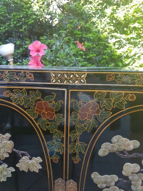 RESERVED FRO SHRISTI Chinese Lacquer and Hard Stone & Mother of Pearl Inlay Cabinet