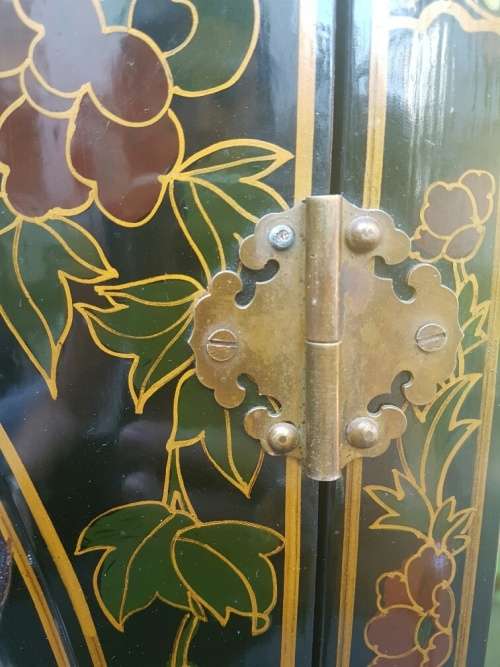 RESERVED FRO SHRISTI Chinese Lacquer and Hard Stone & Mother of Pearl Inlay Cabinet