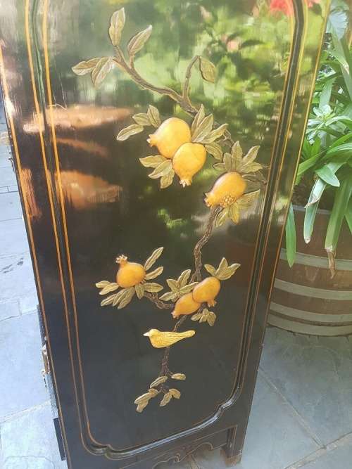 RESERVED FRO SHRISTI Chinese Lacquer and Hard Stone & Mother of Pearl Inlay Cabinet
