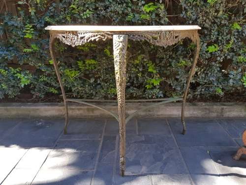 Stunning! A Marble Top Halfmoon Metal Table With Beautiful Detail