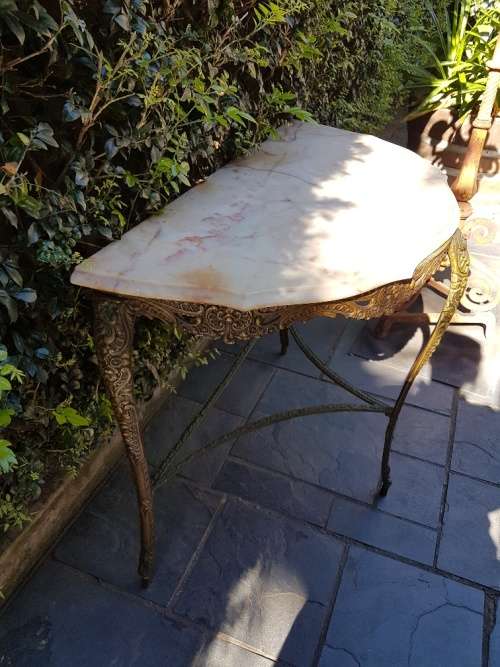 Stunning! A Marble Top Halfmoon Metal Table With Beautiful Detail