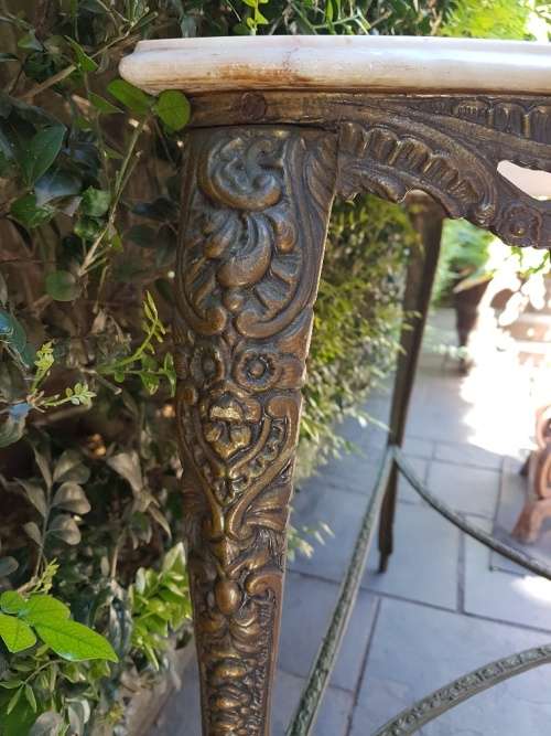 Stunning! A Marble Top Halfmoon Metal Table With Beautiful Detail
