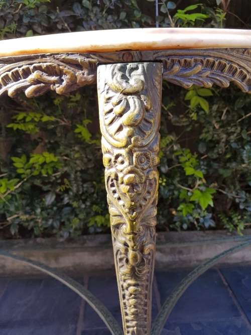 Stunning! A Marble Top Halfmoon Metal Table With Beautiful Detail