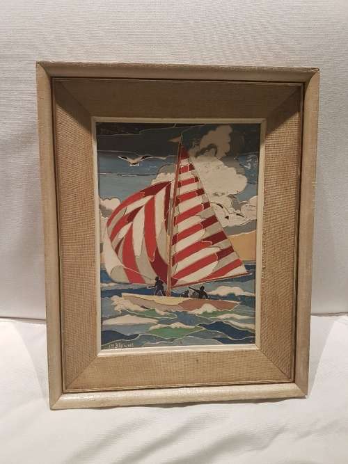 Stunning Art Work: Lino Cutout Detail Mixed Media of Sail Boats I M Browne