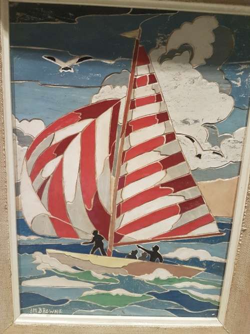 Stunning Art Work: Lino Cutout Detail Mixed Media of Sail Boats I M Browne