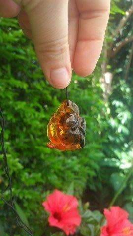 A Chinese Amber Pendant in the Form of a Peach and Insect