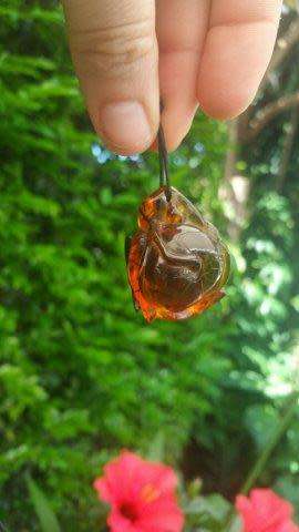 A Chinese Amber Pendant in the Form of a Peach and Insect