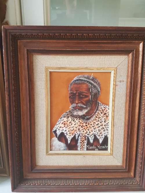 Mizram Maseko SA(1927-1994) Hand Tooled Leather Painting "Zulu Induna" Cele Clan Near Nongoma